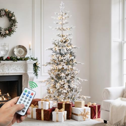 YITAHOME 7.5ft Flocked Prelit Sparse Slim Christmas Tree Aspen Fir w/Remote