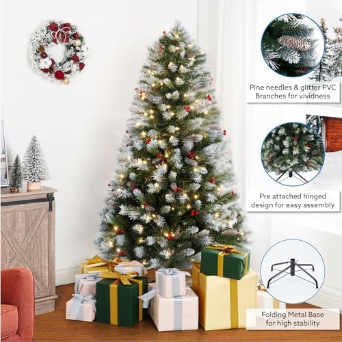 Naomi Home 4.5ft Vancouver Pre-Lit Artificial Christmas Tree with Pine Cones, Faux Berries, Foot Pedal, 398 Branch Tips, 200 Warm Lights and Metal Stand, 33" wide
