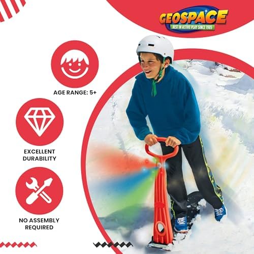 Geospace Winter Fun Foldable Snow Scooter, Ski Skooter, Snow Sled Kids Snowboard Multi-Purpose Snow Skate for Ages 8 & Up - Asstd Colors (Red, Blue or Green) (Single LED Light)