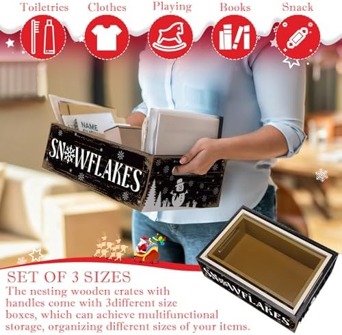 3 Pcs Christmas Wooden Crate Beige Snowman Snowflakes Holiday Box