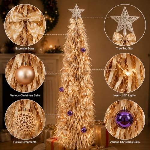 Christmas Tree 5FT Artificial Xmas Decor Pop Up with Decoration White Pink