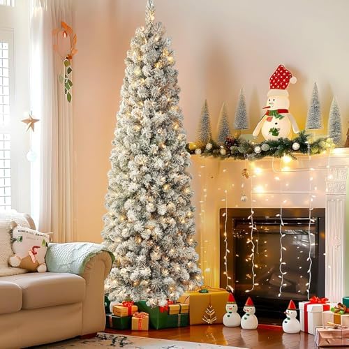 GarveeHome 7.5 ft Pencil Christmas Tree, Pre-Lit Frosted Artificial Tree, Skinny Xmas Trees Holiday Decoration, with LED Light and Metal Base