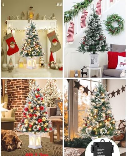 3ft Prelit Snow Flocked Christmas Tree with Light Up White Snowman Box Base