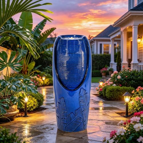 Autodaya 33" Outdoor Fountain with LED Lights, Rich Blue Glaze Ceramic Jar