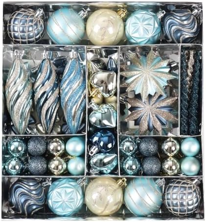 82Pcs Blue and Gold Christmas Ornaments Set, Plastic Assorted Christmas Decorations for Tree Shatterproof Baubles Snowflake Xmas Ball Ornaments for Holiday Decor (Blue&Gold)