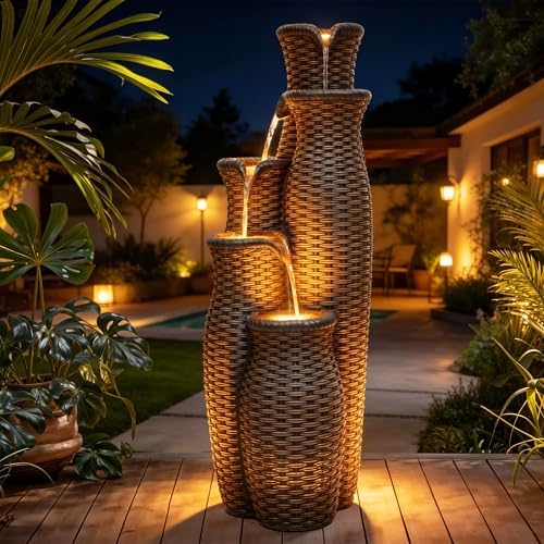 AUTODAYA 5-Tier Faux Rattan Vase Water Fountain Outdoor with LED Lights