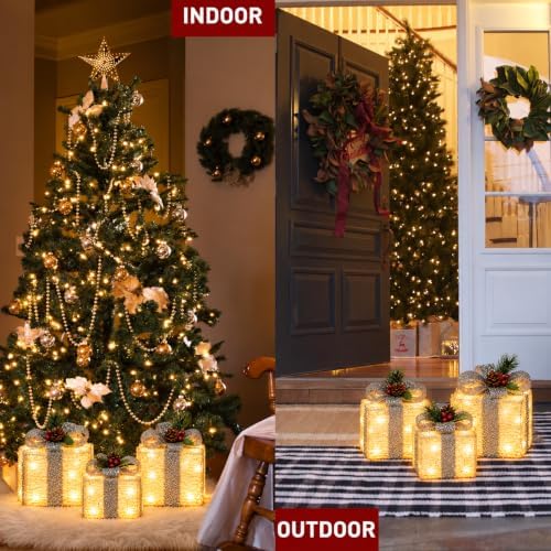 Set of 3 Lighted Gift Boxes, Warm White Indoor Christmas Decor