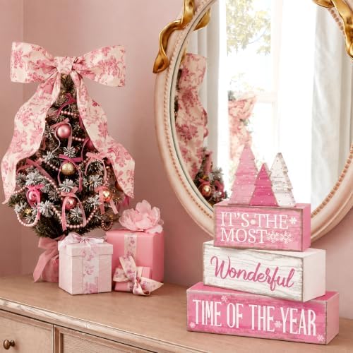 Moucuny 4 Pcs Christmas Table Decoration Wooden Pink Wooden Christmas Tree