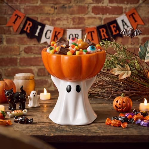 Rtteri Halloween Ghost Candy Bowl Ceramic Ghost Pumpkin Candy Dish 6.8 in