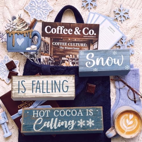 Lineshading 4 Pcs Christmas Table Decor, Blue Winter Wonderland Cocoa Sign