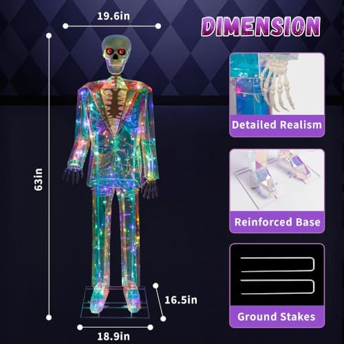 Giant Skeleton Outdoor Halloween Decorations,63" Pre-lit Prismatic Iridescent Skeleton Decor with 120LED, Large Scary Skeleton Light Up Yard Decorations for Lawn, Garden, Porch, Haunted House Party
