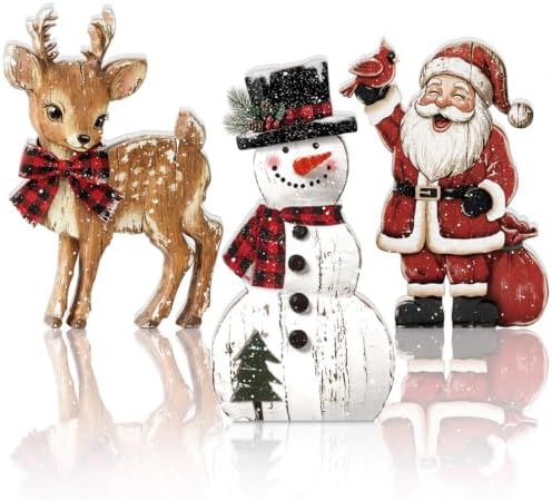 Barydat 3 Pcs Christmas Table Decoration Wooden Snowman Santa Reindeer Sign