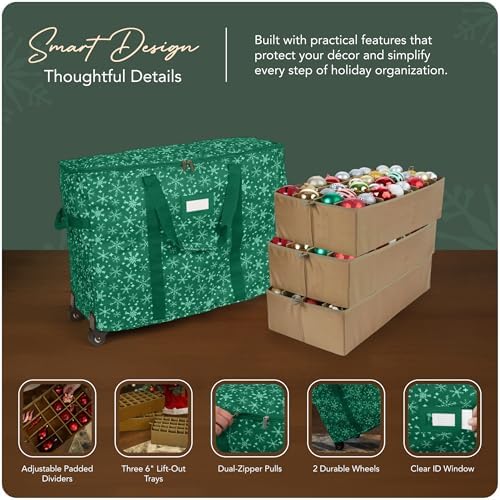Covermates Keepsakes Rolling Adjustable Ornament Storage Bag – Heavy-Duty Polyester, FlexGrid Trays & Padded Dividers – Protective Holiday Organizer with Wheels, Handles & ID Window, Green Snowflake