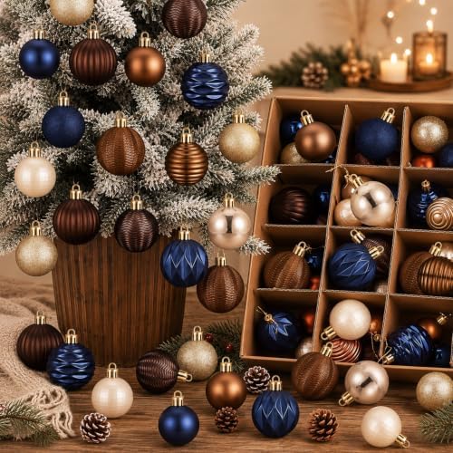 Lunmon 64 Pcs Vintage Christmas Ornament Royal Blue Bronze Champagne Gold