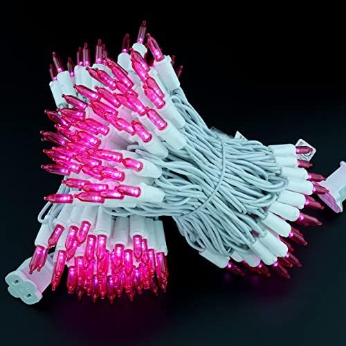 YULETIME 200 Pink LED Christmas Lights, 66 ft White Wire UL String Light