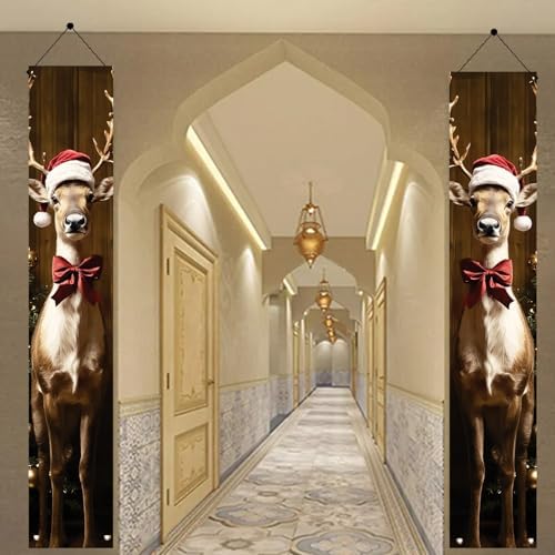 2PCS Christmas Porch Banner Decoration Reindeer Door Sign Hanging Decorations for Outdoor Indoor 71 x 12 Inch Front Door Xmas Decor Holiday Wall Fireplace Entryway Banner Party Supplies