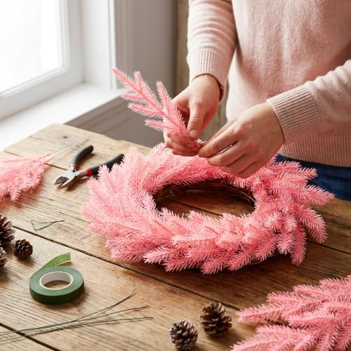 40 Pcs Pink Artificial Christmas Pine Branches, Pink Christmas Tree Picks