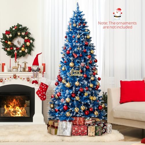 HAPPYGRILL 7 FT Pre-lit Christmas Tree Blue Hinged Artificial Xmas Tree with 340 Warm White LED Lights, 8 Modes, 1062 Frosted Branch Tips, Folding Metal Base, for Home Party Holiday