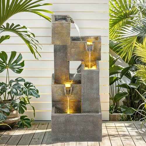 AUTODAYA 32.5" 5-Tier Outdoor Water Fountain LED Cascading Waterfall