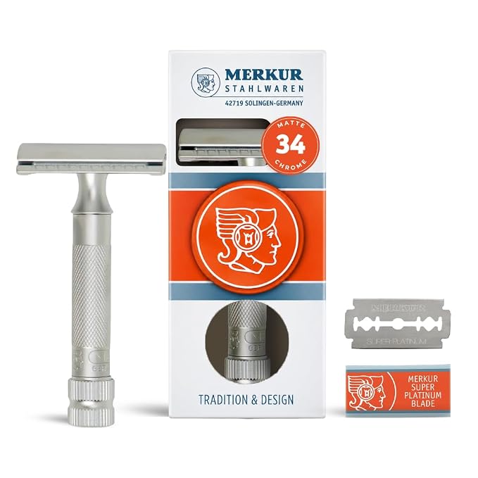 MERKUR 34 Double Edge Safety Razor - Matte Chrome | Heavy Duty Knurled Brass Handle | Made in Germany | Plastic-Free | Two Piece Design | Closed Comb | Straight Bar