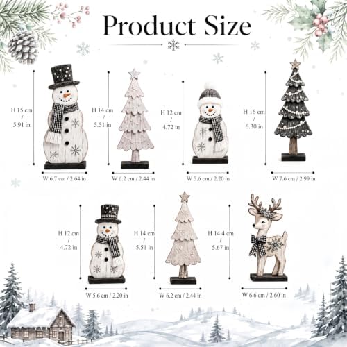 7 Pcs Christmas Table Decor Wooden Snowman Tree Deer Decor, Black,White