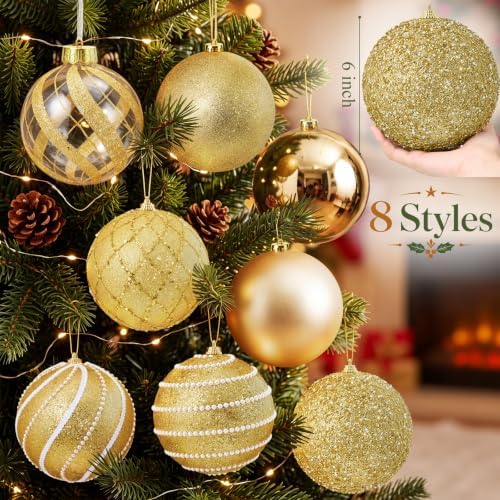Lyrow 8 Pcs Large Christmas Ball Ornaments 6'' Gold Glitter Xmas Ornaments