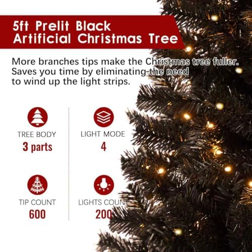 5ft Black Prelit Artificial Christmas Tree,Arbol de Navidad Fake Xmas Tree