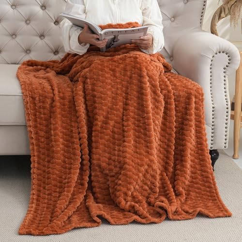 Puncuntex Burnt Orange Throw Blanket 90"×90" Fuzzy 3D Jacquard Decorative