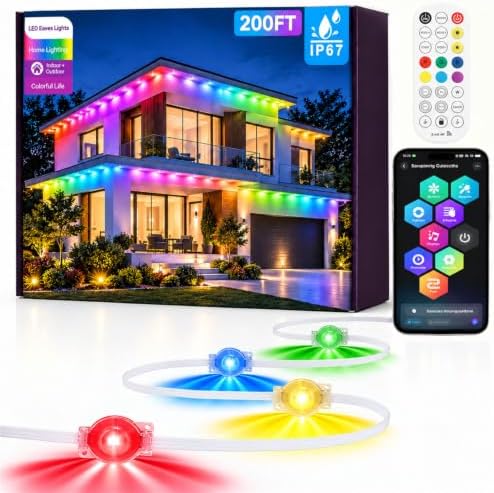 200Ft Permanent Outdoor Lights, RGB+IC Smart LED Eave Lighting with App/Remote Control,IP67 Waterproof,16 Million Colors,Scene Modes, DIY Music Sync, for Christmas, Holiday & Party Decor