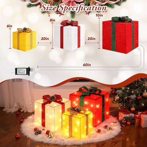 Brightever 3 Pieces Large Gift Boxes for Christmas Decorations Outdoor, 10" 8" 6" with Pre-lit 70 LED Mini String Lights, Plug-in Warm White Present Boxes with Glitter for Christmas Wedding Party