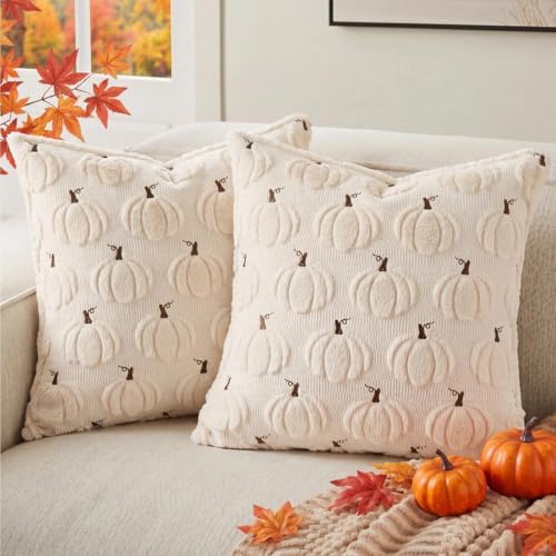 Fall Beige Pillow Covers 20x20 Set of 2 Double-Sided Pumpkin Decor