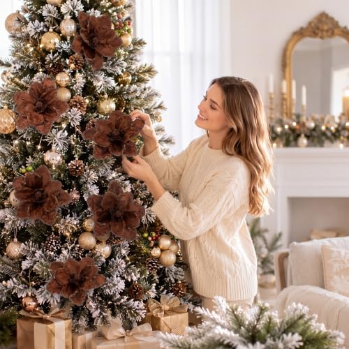 Thiccywoov 8 Pcs Large 12" Christmas Magnolia Flowers, Brown