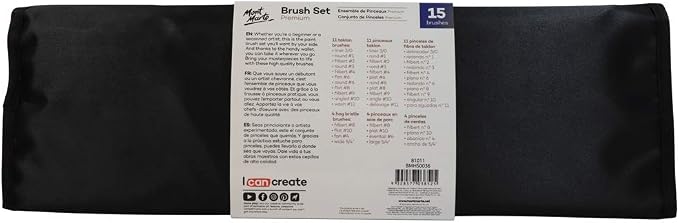 Mont Marte Premium Brush Wallet Set, 15 Piece, Includes Hog Bristle and Taklon Brushes, Suitable for Watercolor, Acrylic, Oil, Gouache and Tempera Painting