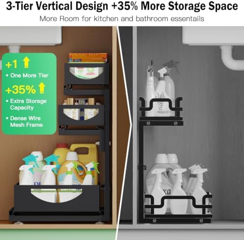 Under Sink Organizer, 2-Pack 3-Tier Pull Out Cabinet Organizers and Storage