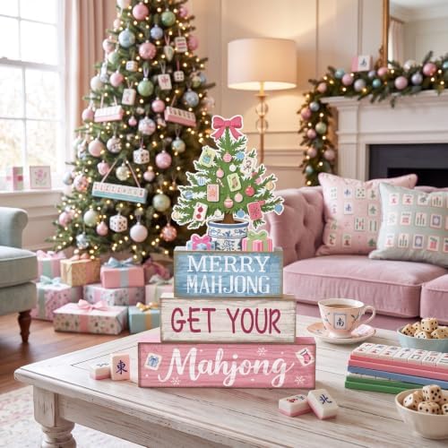 Moucuny 4 Pcs Christmas Mahjong Table Decor Merry Mahjong Wooden Signs