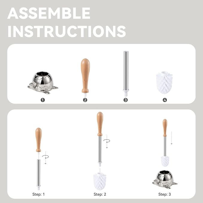 Toilet Brush and Holder Set, Ceramic Turtle Base Toilet Brush Set - 7.5” Bowl Cleaner, Toilet Scrubber Brush with Ergonomic Handle (Silver)