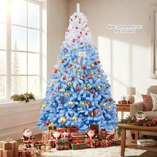 HAPPYGRILL 8 FT Pre-lit Flocked Christmas Tree Blue Hinged Xmas Tree with 1774 Branch Tips, 470 Warm White LED Lights & Folding Metal Stand, for Home Office Carnival