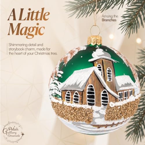 Polish Hand Blown Glass Christmas Ornaments Ball, Chapel Green 5 in