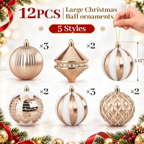 3.15 Inch Christmas Balls Ornaments, White & Gold, 12 Pack, 80mm
