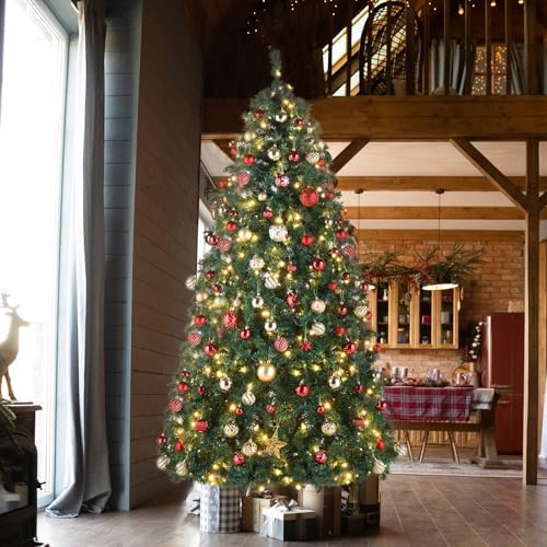 9zH&K 10FT Pre-Lit 1200 LED Lights 10 Modes Color Changing Christmas Pine Tree, 5090 Branches Artificial Festive Party Holiday Fake Multicolored Xmas Tree for Home, Office, Includes Stand