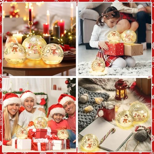 Soulchen 3 Pcs Christmas Decorations Indoor Snowman Globe Crackle Glass Ball Lamp with LED Lights Tabletop Xmas Decor Christmas Table Decorations for Home Fireplace Mantel