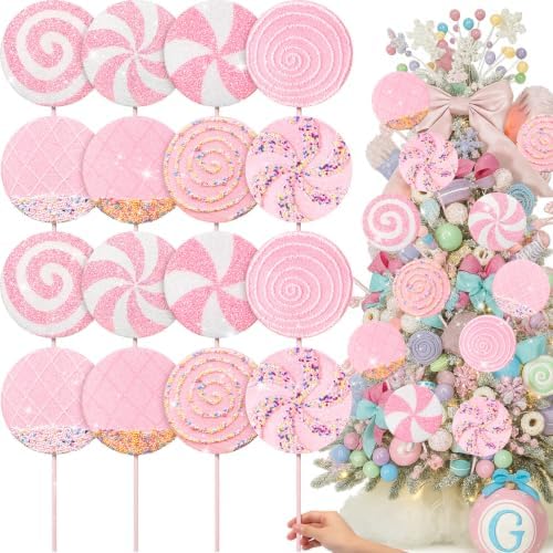 Roowest 16 Pcs 13.78'' Pastel Large Candy Christmas Decorations Giant Lollipop Candy Decoration with Sticks Macaron Peppermint Xmas Decor for Christmas Tree Ornament Holiday Party (Pink,8 Styles)
