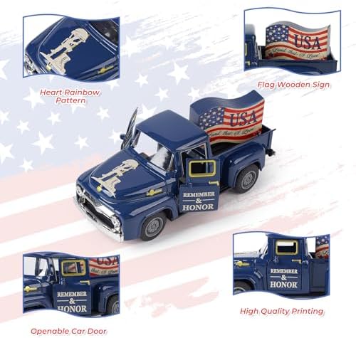 Memorial Day Patriotic Truck Decor, Americana Vintage Pickup Truck Tabletop Decoration, Rustic Farmhouse Tiered Tray Decor for 4th of July Independence Day Home Office