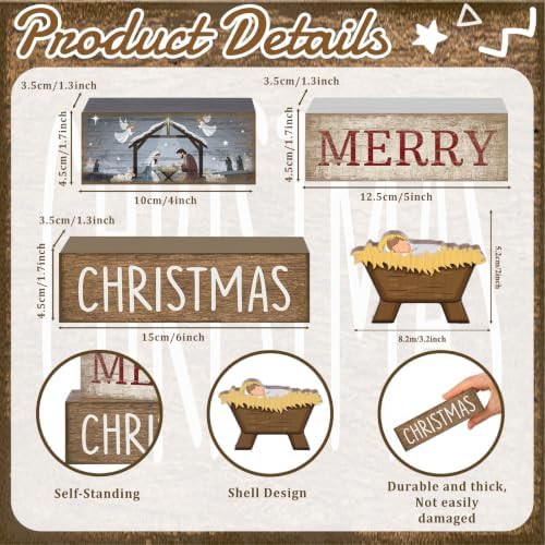 Lineshading 4 Pcs Christmas Table Decor, Wooden Nativity Manger Merry Signs