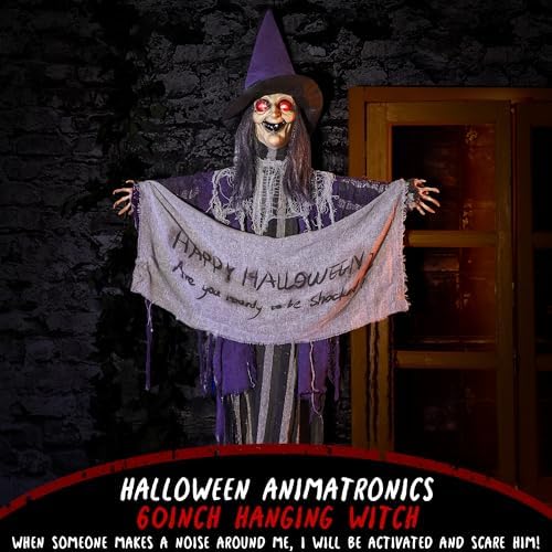Halloween Animatronics 5ft Hanging Witch, 60inch Floating Animated Witch Decorations with Banner, Sound Activated, Creepy Voice, Light Up Eyes, Scary Move, Spooky Horror Prop for Indoor, Outdoor