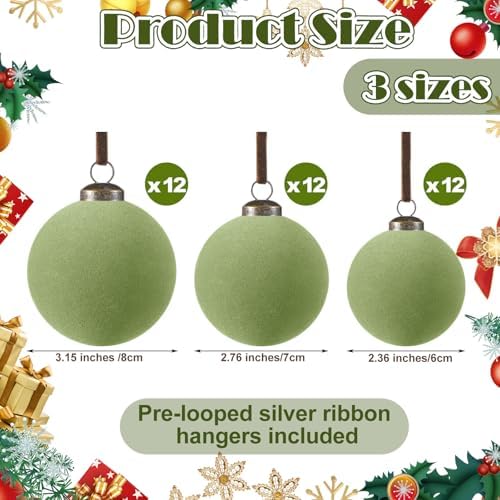 Foilswirl 36 Pcs Green Velvet Christmas Balls, 2.36", 2.76", 3.15"