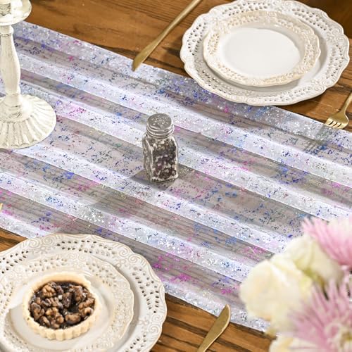 Artoid Mode 3PCS Colorful Gold Gauze Table Runner 120 Inch 10FT, Glitter Metallic Foil Sheer Dining Wedding Anniversary Holiday Birthday Table Decor for Home Party