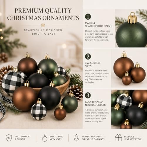 Lunmon 64 Pcs Neutral Christmas Ball Ornaments Bulk Check Brown Green Black