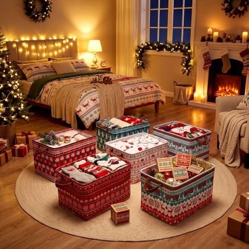 CHENGU 6 Pack Christmas Basket Collapsible Retro Christmas Storage Bin