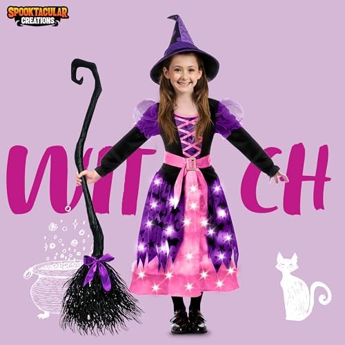 Spooktacular Creations Girls Light Up Bat Witch Tutu Costume, Toddlers Dress with Hat Broom for Kids Halloween Themed Parties
